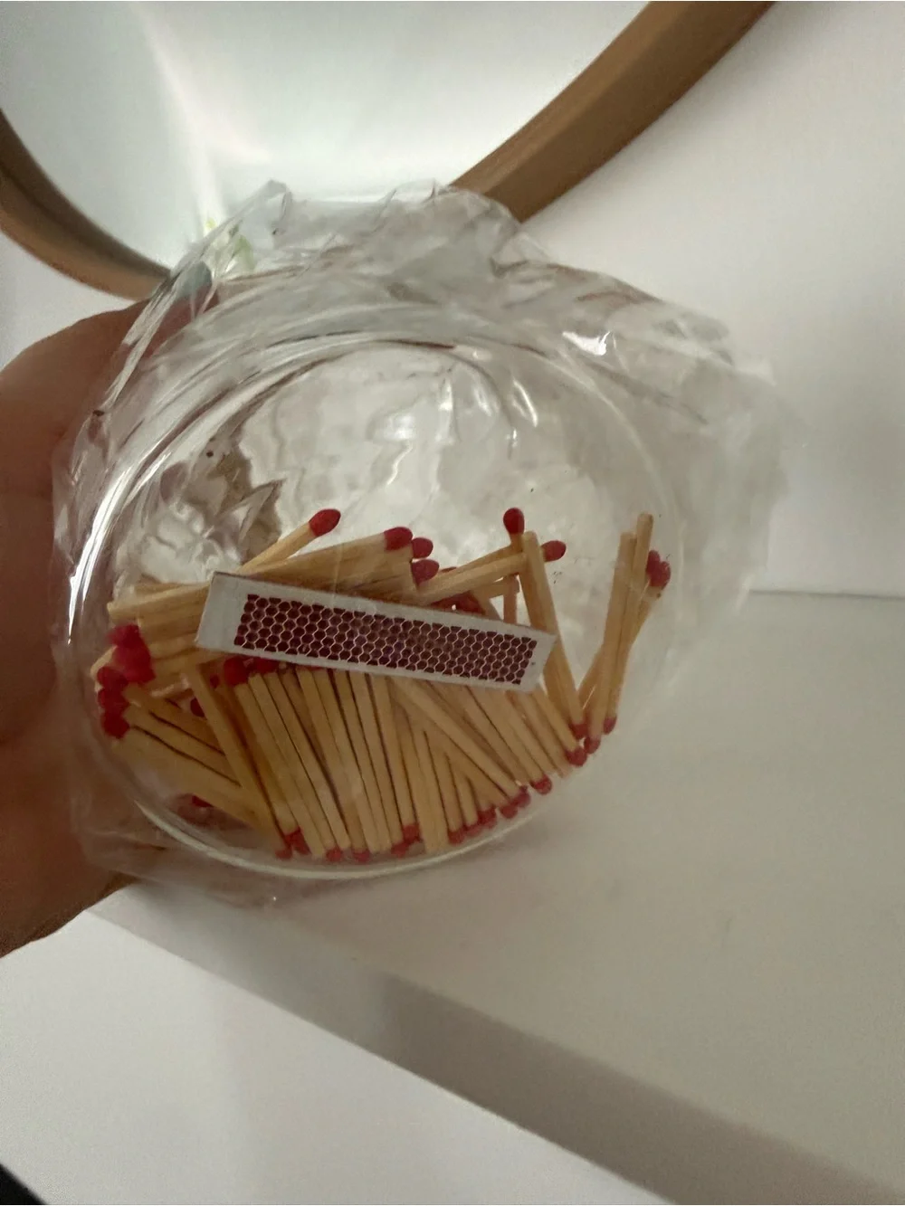 Vintage Glass Container w/ Woven Handle in Clear Bag Matches w/ Strike on Bottom